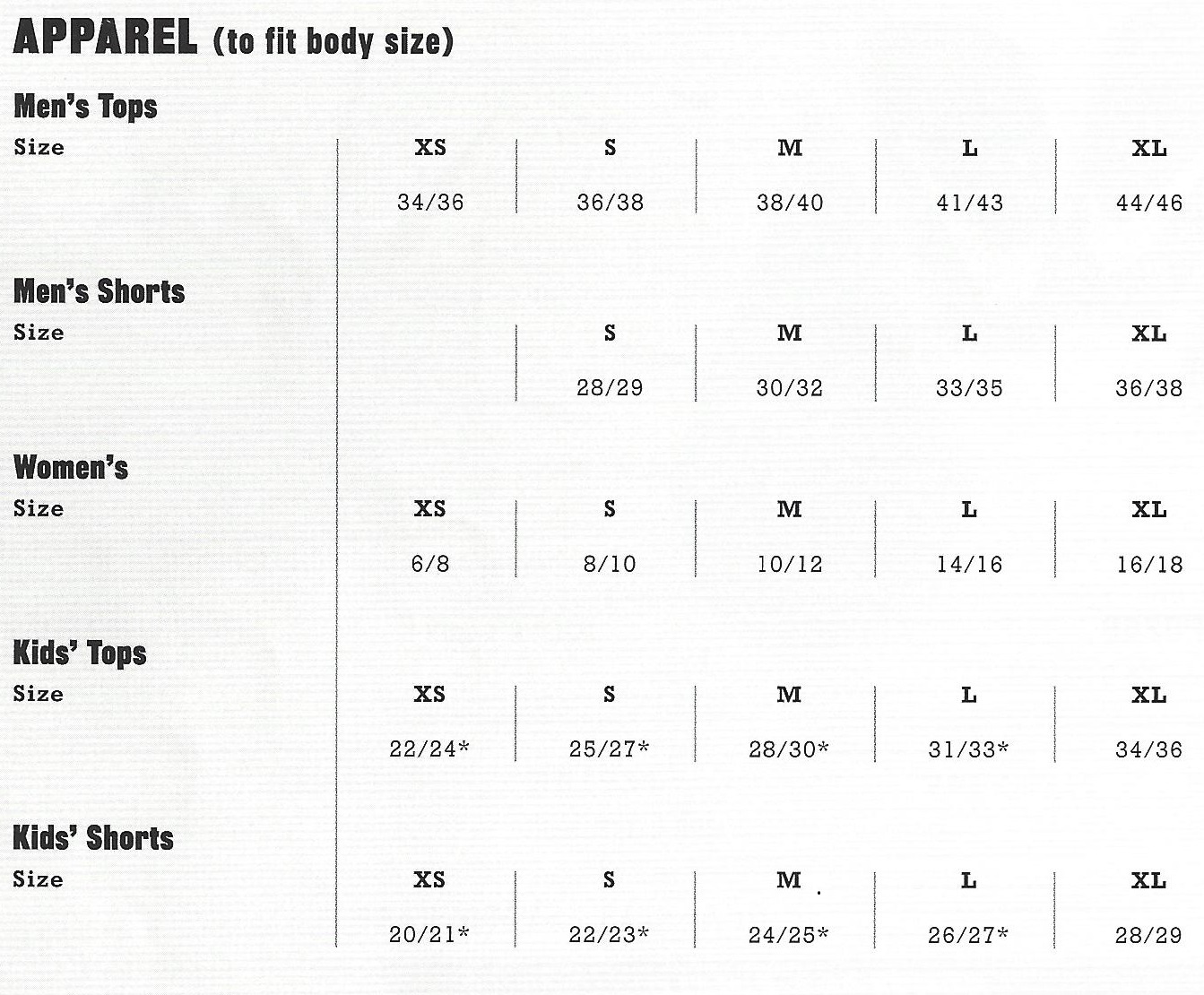 track suit size chart nike